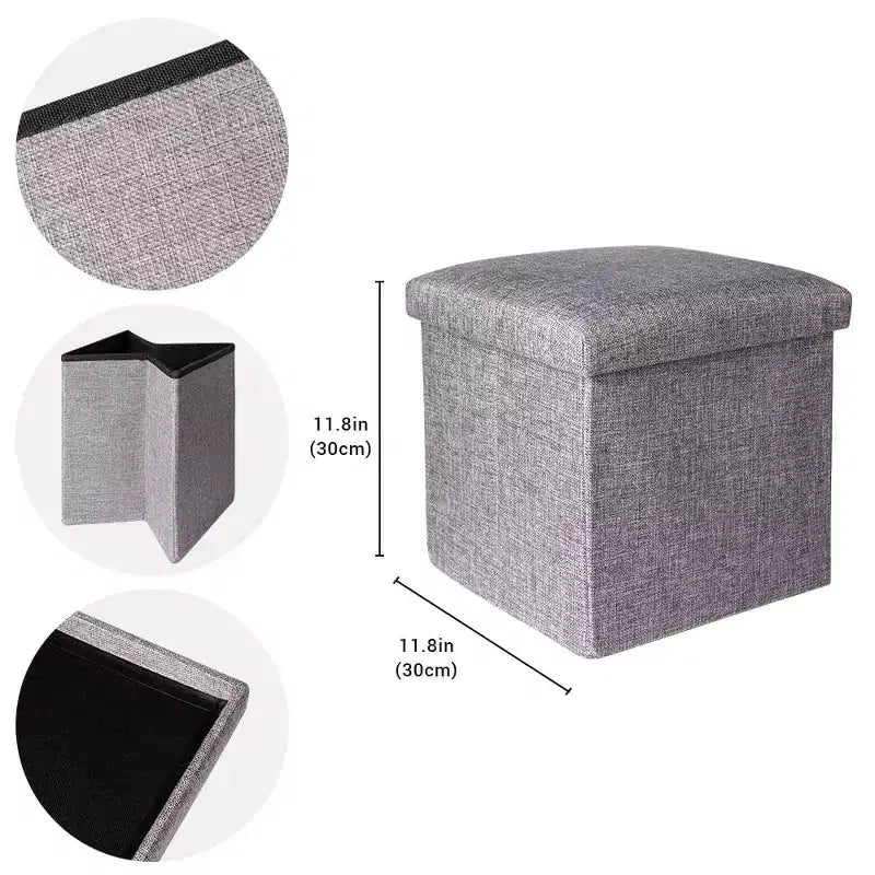 Repose-pieds tabouret cube pliant 4 en 1, boîte de rangement de 30 cm, lin gris