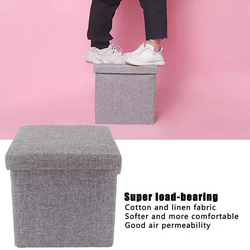Repose-pieds tabouret cube pliant 4 en 1, boîte de rangement de 30 cm, lin gris