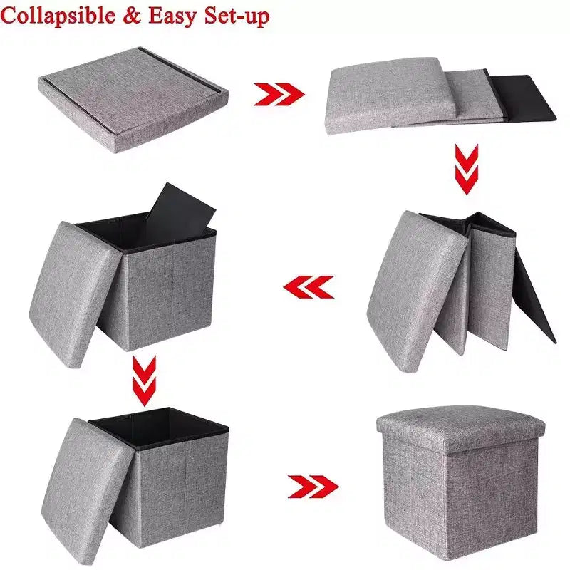 Repose-pieds tabouret cube pliant 4 en 1, boîte de rangement de 30 cm, lin gris