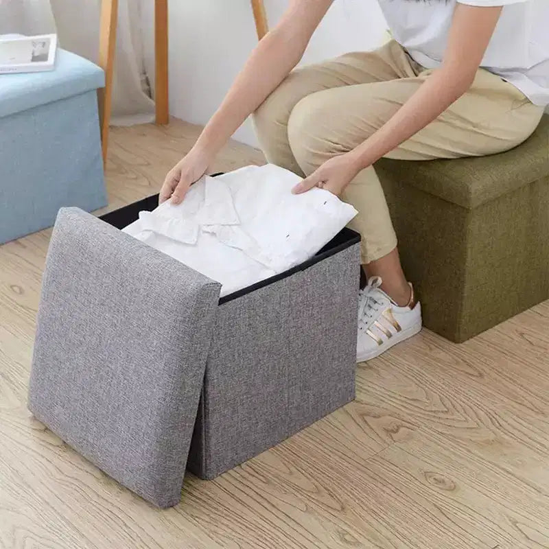 Repose-pieds tabouret cube pliant 4 en 1, boîte de rangement de 30 cm, lin gris