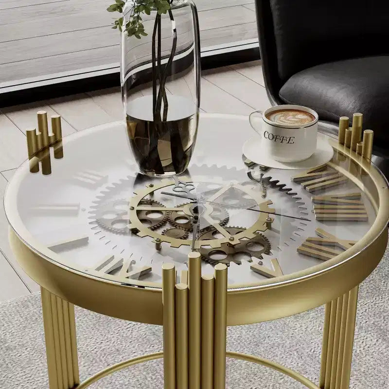 Table d'appoint ronde avec horloge dorée et engrenages rotatifs, table de chevet