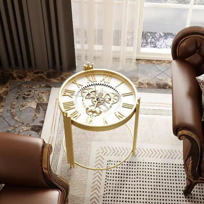 Gold Top Clock End Table with Rotating Gear Display, Round Nightstand Side Accent Table
