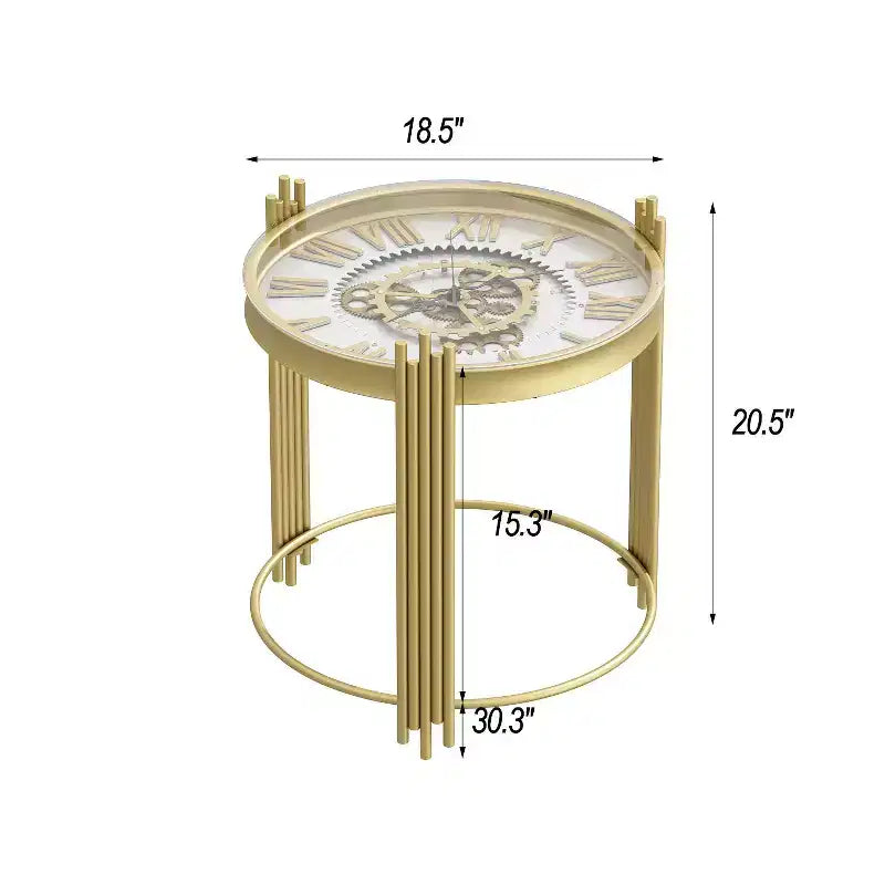 Gold Top Clock End Table with Rotating Gear Display, Round Nightstand Side Accent Table