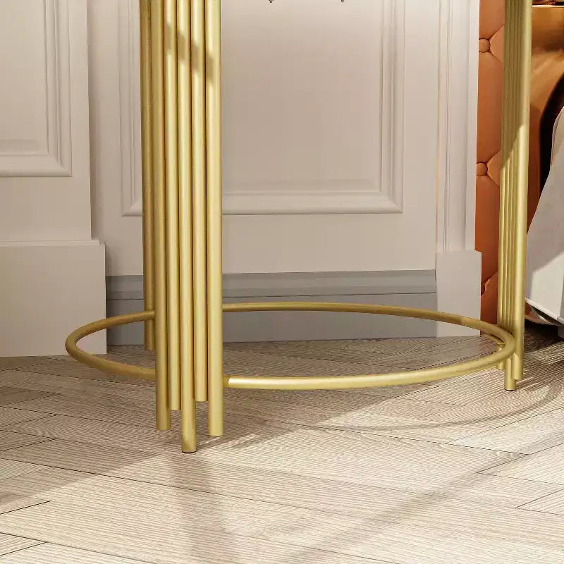 Gold Top Clock End Table with Rotating Gear Display, Round Nightstand Side Accent Table