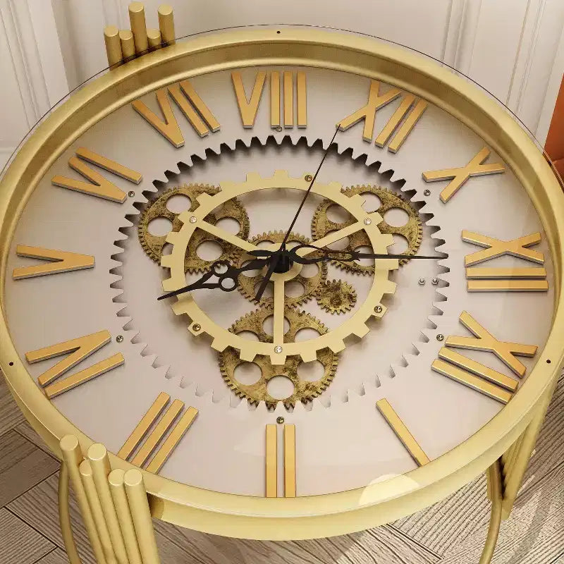 Table d'appoint ronde avec horloge dorée et engrenages rotatifs, table de chevet