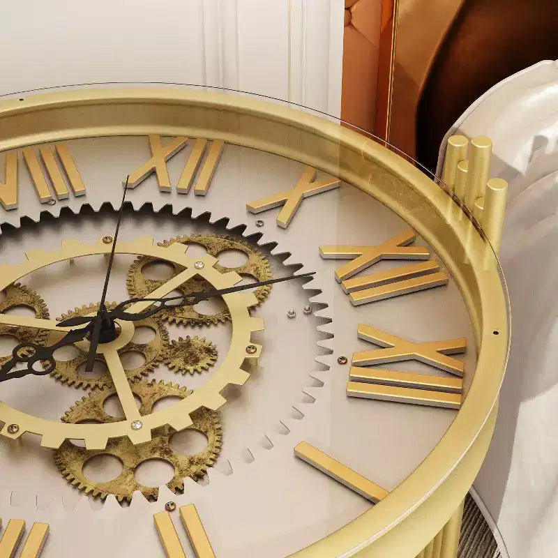 Table d'appoint ronde avec horloge dorée et engrenages rotatifs, table de chevet