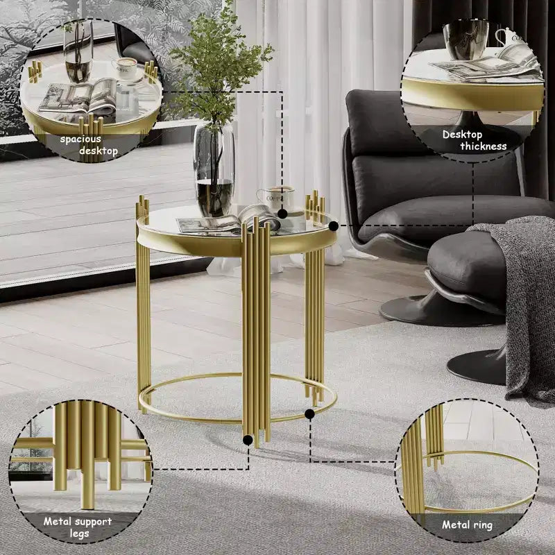 Table d'appoint ronde avec horloge dorée et engrenages rotatifs, table de chevet