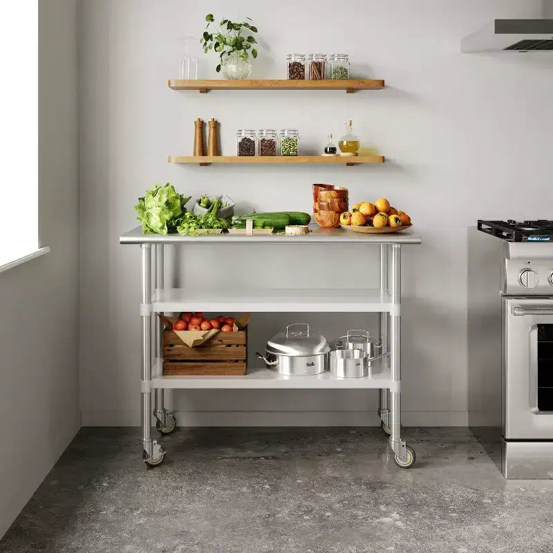 Table de préparation et de travail en acier inoxydable certifiée NSF 24x48 avec 2 étagères inférieures en acier galvanisé et 4 roulettes dont 2 verrouillables