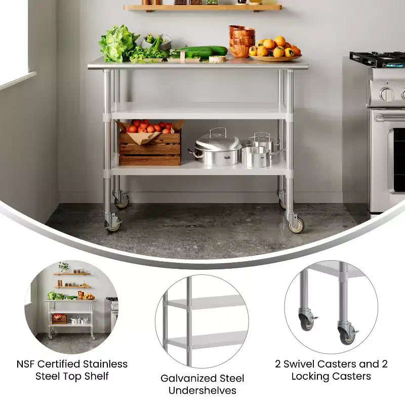 Table de préparation et de travail en acier inoxydable certifiée NSF 24x48 avec 2 étagères inférieures en acier galvanisé et 4 roulettes dont 2 verrouillables
