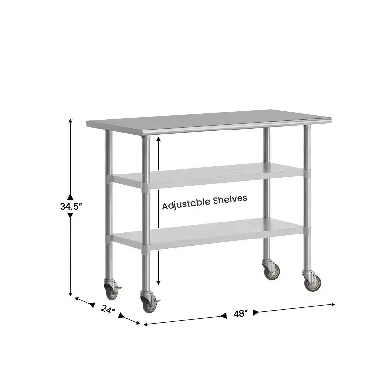 Table de préparation et de travail en acier inoxydable certifiée NSF 24x48 avec 2 étagères inférieures en acier galvanisé et 4 roulettes dont 2 verrouillables