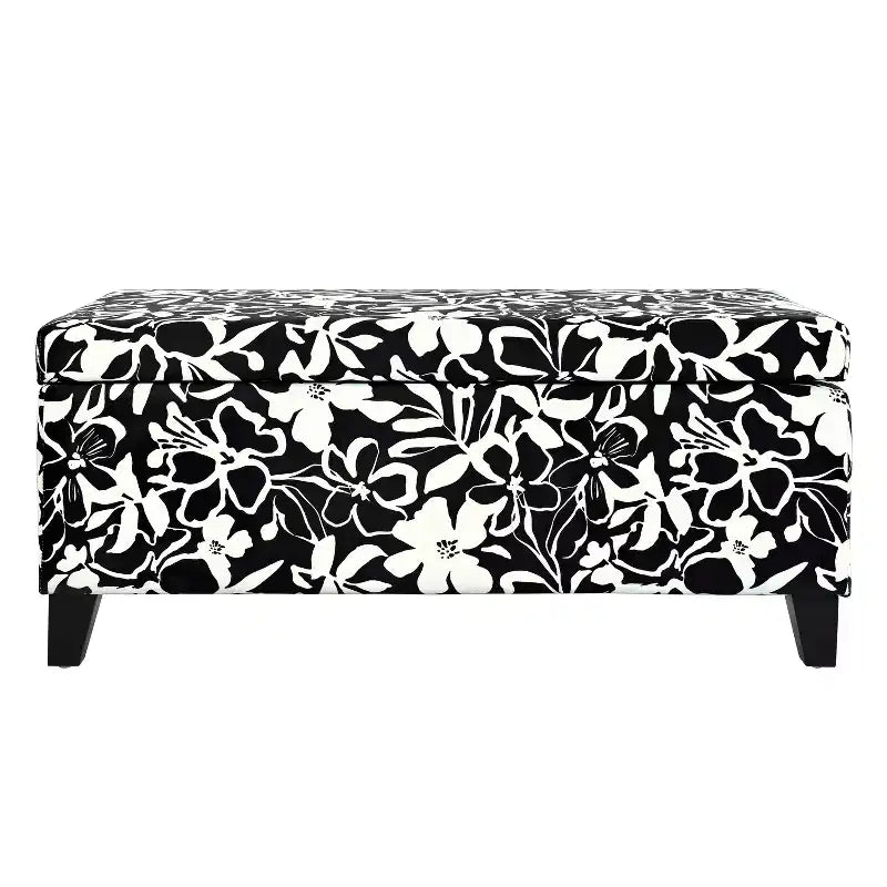 Contemporary Wood Upholstered Rectangle Storage Ottoman with Floral Pattern