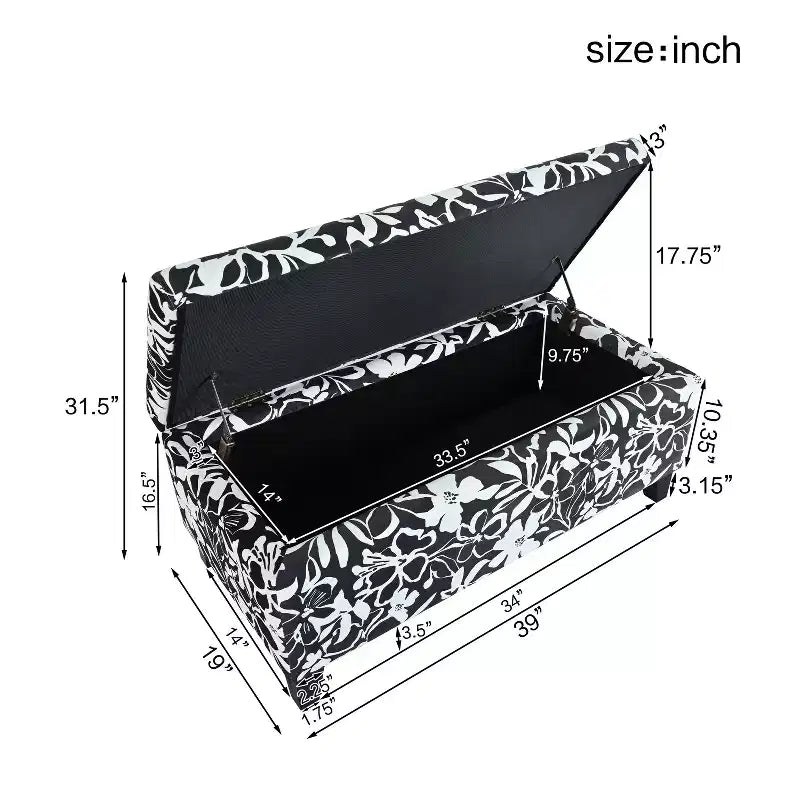 Contemporary Wood Upholstered Rectangle Storage Ottoman with Floral Pattern