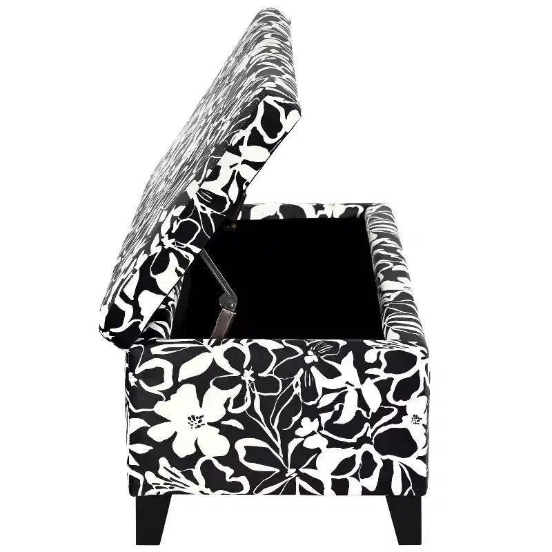 Contemporary Wood Upholstered Rectangle Storage Ottoman with Floral Pattern