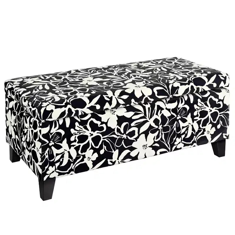Contemporary Wood Upholstered Rectangle Storage Ottoman with Floral Pattern