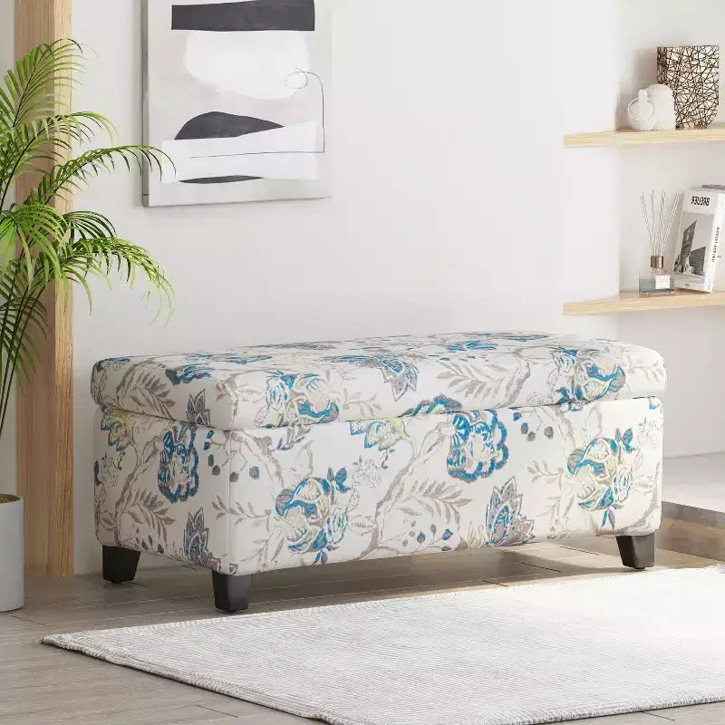 Contemporary Wood Upholstered Rectangle Storage Ottoman with Floral Pattern