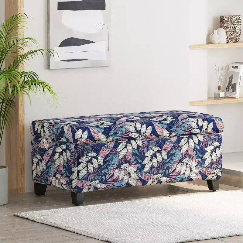Contemporary Wood Upholstered Rectangle Storage Ottoman with Floral Pattern