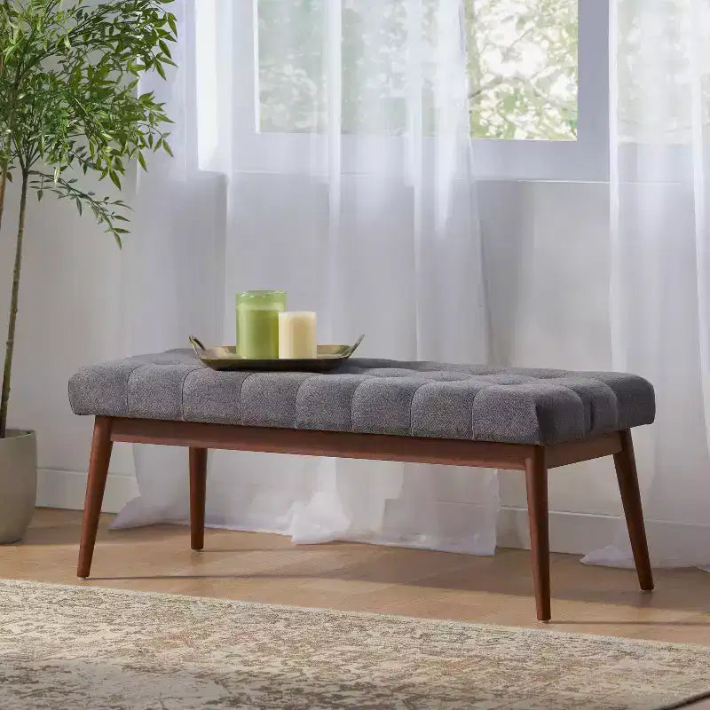 Pouf capitonné en bois d'hévéa, style moderne du milieu du siècle, 112 cm