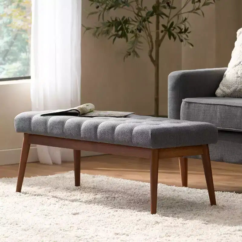 Pouf capitonné en bois d'hévéa, style moderne du milieu du siècle, 112 cm