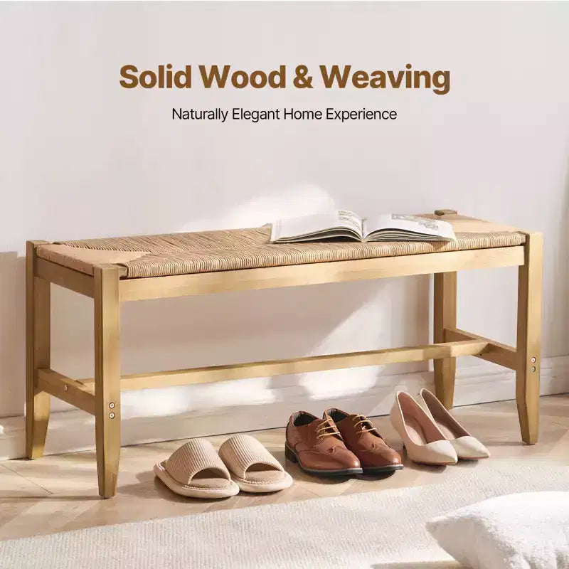 Banc en rotin de bois, banc d'entrée avec pieds en bois de chêne, banc de bout de lit bohème de chambre à coucher en rotin tressé à la main