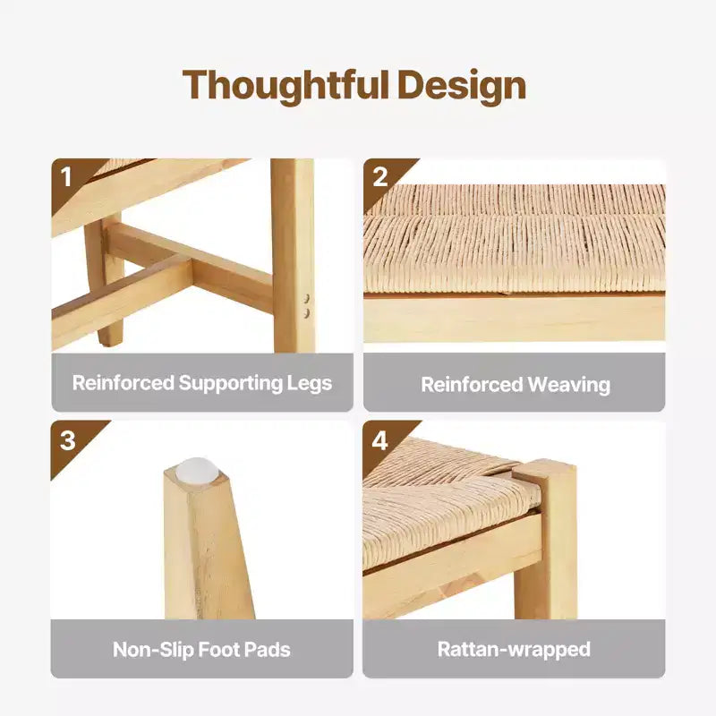 Banc en rotin de bois, banc d'entrée avec pieds en bois de chêne, banc de bout de lit bohème de chambre à coucher en rotin tressé à la main