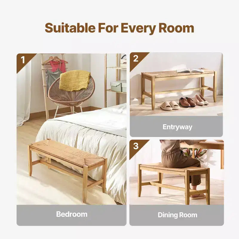 Banc en rotin de bois, banc d'entrée avec pieds en bois de chêne, banc de bout de lit bohème de chambre à coucher en rotin tressé à la main