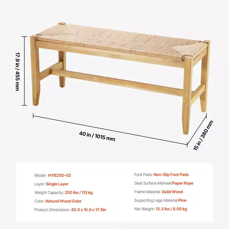 Banc en rotin de bois, banc d'entrée avec pieds en bois de chêne, banc de bout de lit bohème de chambre à coucher en rotin tressé à la main