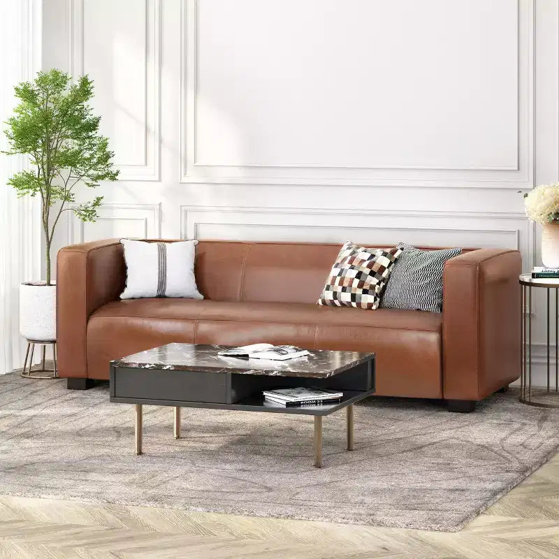 Contemporary Square Arm Faux Leather 3 Seater Sofa with Birch Wood Legs