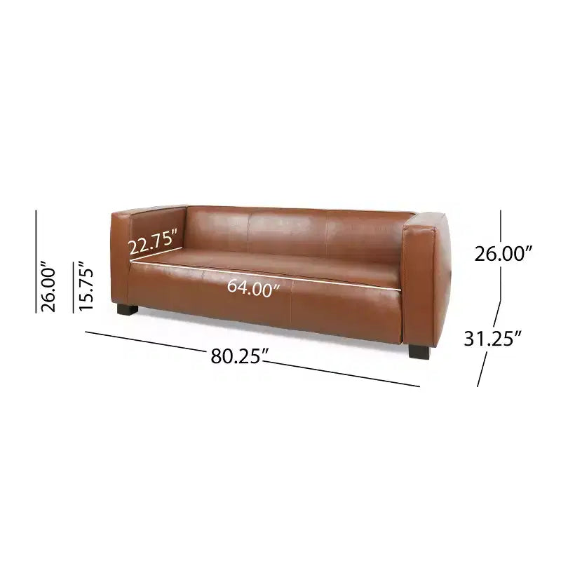 Contemporary Square Arm Faux Leather 3 Seater Sofa with Birch Wood Legs