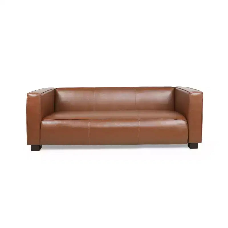 Contemporary Square Arm Faux Leather 3 Seater Sofa with Birch Wood Legs