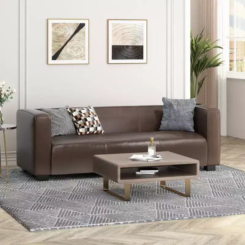 Contemporary Square Arm Faux Leather 3 Seater Sofa with Birch Wood Legs