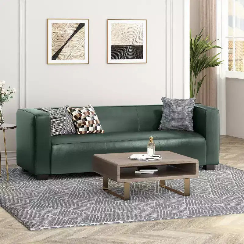 Contemporary Square Arm Faux Leather 3 Seater Sofa with Birch Wood Legs