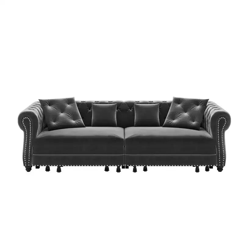 Canapé-lit gigogne 3 en 1, canapé-lit convertible King Size avec méridienne et pouf mobile, canapé 3 places en velours capitonné, gris anthracite