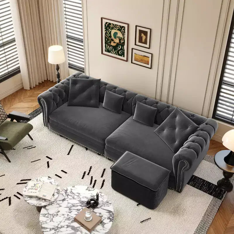 Canapé-lit gigogne 3 en 1, canapé-lit convertible King Size avec méridienne et pouf mobile, canapé 3 places en velours capitonné, gris anthracite