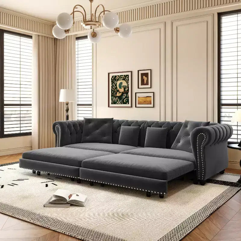 Canapé-lit gigogne 3 en 1, canapé-lit convertible King Size avec méridienne et pouf mobile, canapé 3 places en velours capitonné, gris anthracite