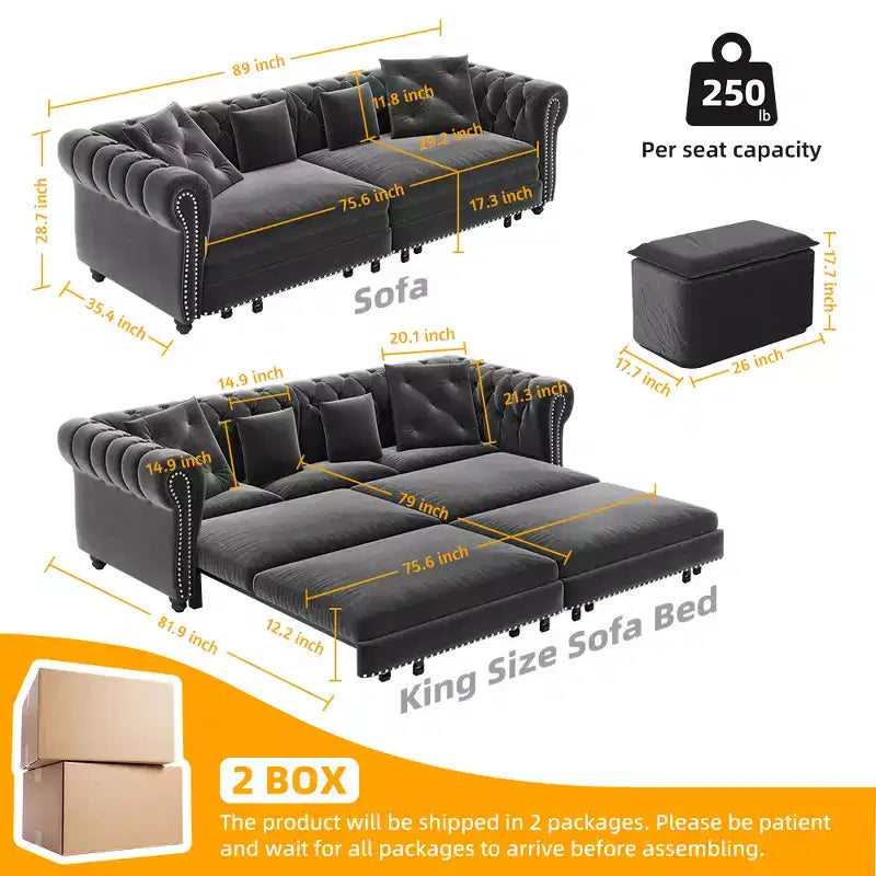 Canapé-lit gigogne 3 en 1, canapé-lit convertible King Size avec méridienne et pouf mobile, canapé 3 places en velours capitonné, gris anthracite