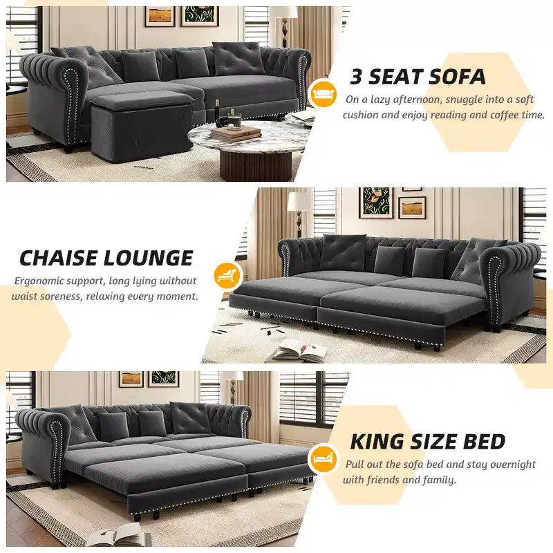 Canapé-lit gigogne 3 en 1, canapé-lit convertible King Size avec méridienne et pouf mobile, canapé 3 places en velours capitonné, gris anthracite