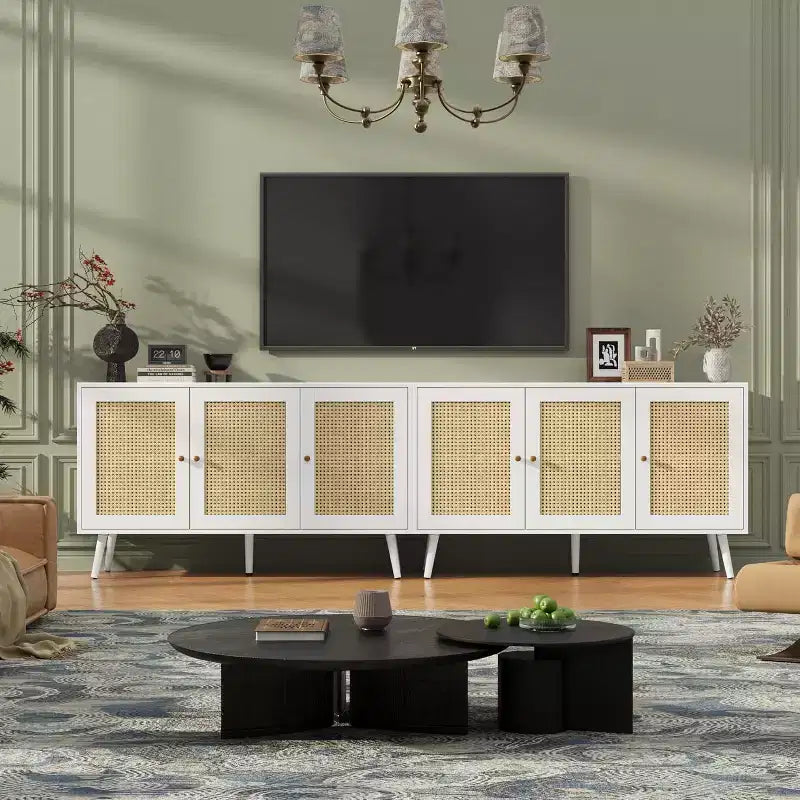 Buffet en rotin avec 3 portes, buffet bohème avec étagères réglables, console pour salon, salle à manger