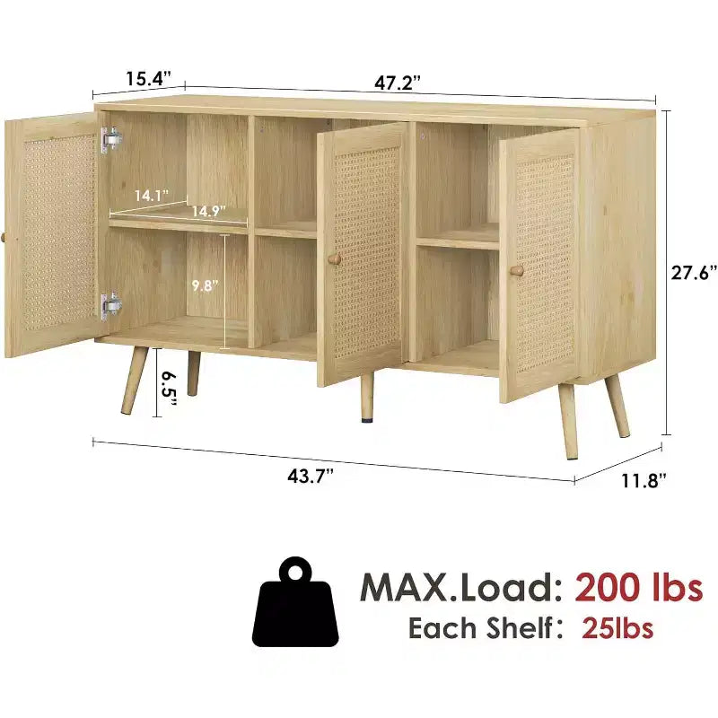 Buffet en rotin avec 3 portes, buffet bohème avec étagères réglables, console pour salon, salle à manger