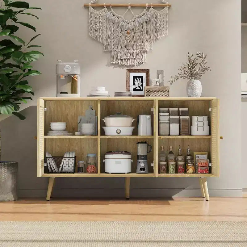 Buffet en rotin avec 3 portes, buffet bohème avec étagères réglables, console pour salon, salle à manger