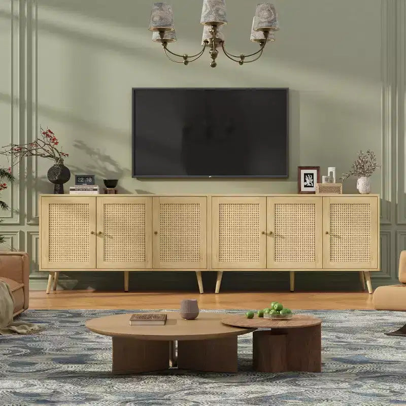 Buffet en rotin avec 3 portes, buffet bohème avec étagères réglables, console pour salon, salle à manger