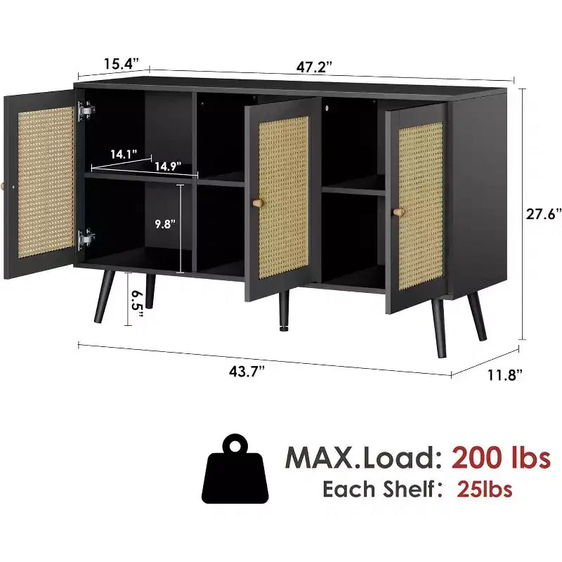 Buffet en rotin avec 3 portes, buffet bohème avec étagères réglables, console pour salon, salle à manger
