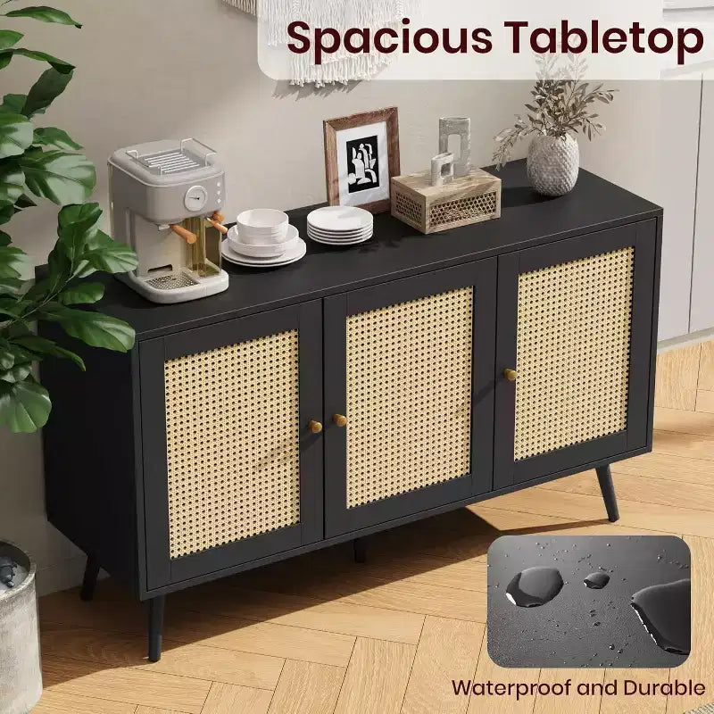 Buffet en rotin avec 3 portes, buffet bohème avec étagères réglables, console pour salon, salle à manger