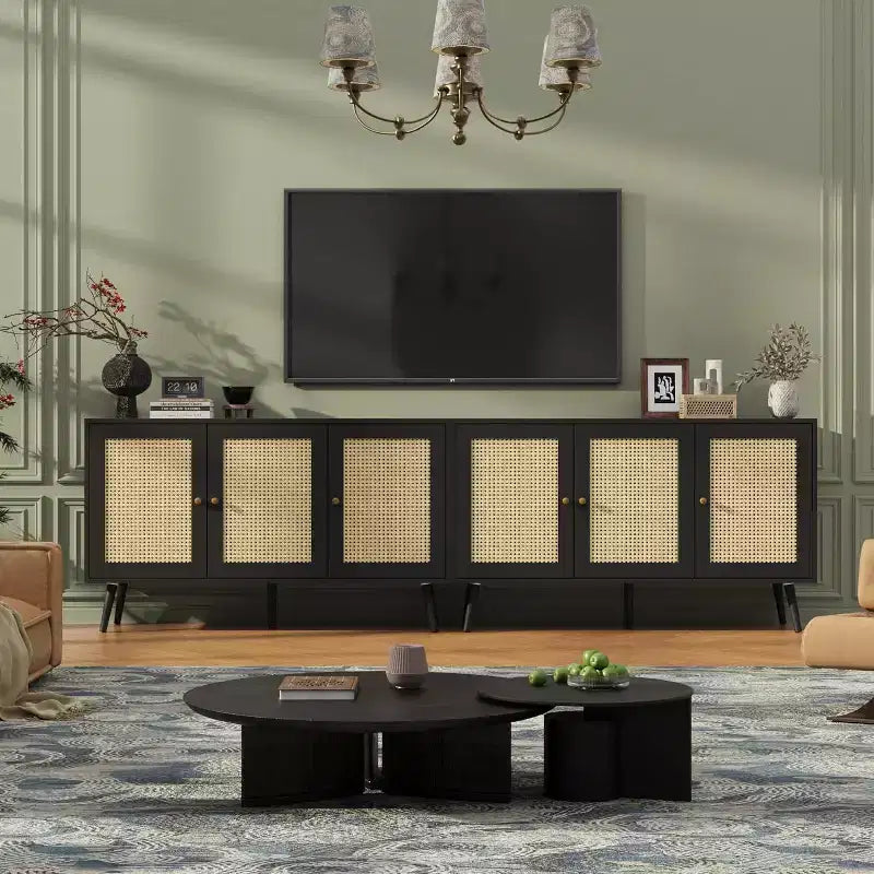 Buffet en rotin avec 3 portes, buffet bohème avec étagères réglables, console pour salon, salle à manger