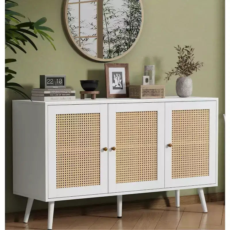 Rattan Sideboard Buffet Cabinet with 3 Doors,Boho Sideboard Buffet Cabinet with Adjustable Shelves, Console Table for Living Room, Dining Room