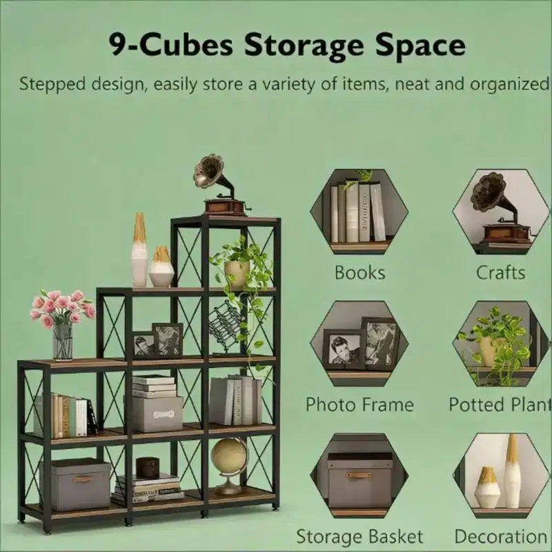 Étagère d'Angle Bibliothèque 9 Cubes en Forme de L Étagère de Présentation en Métal et Bois pour Salon Bureau, Noire