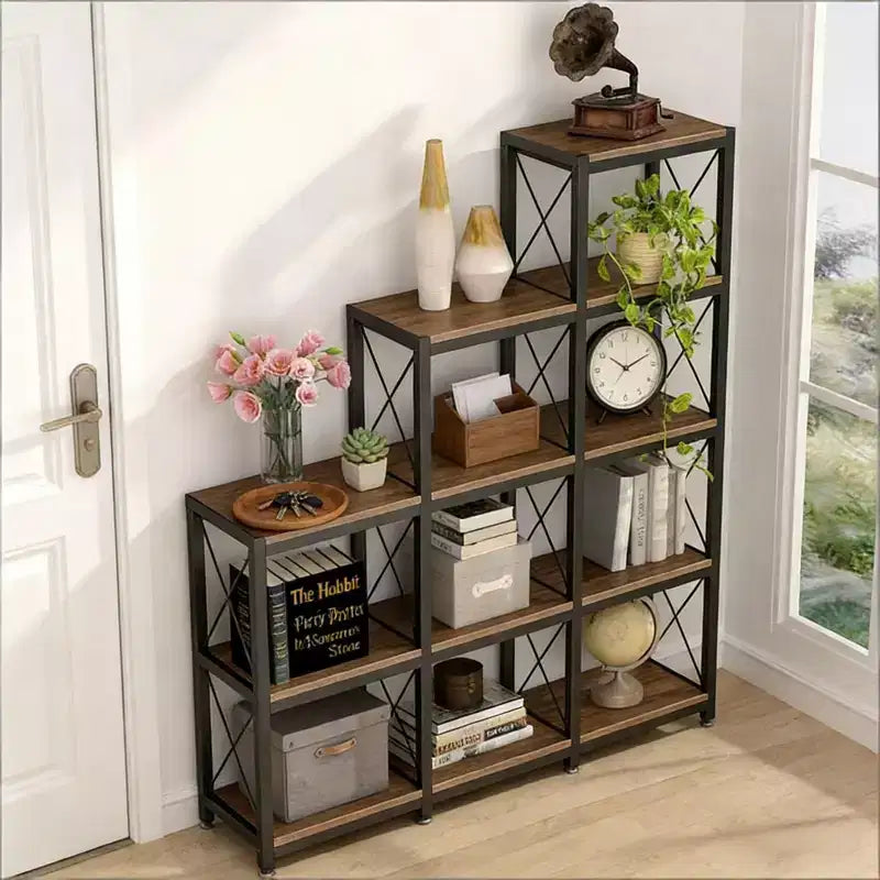 Étagère d'Angle Bibliothèque 9 Cubes en Forme de L Étagère de Présentation en Métal et Bois pour Salon Bureau, Noire