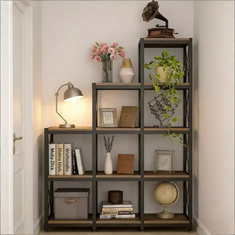 Étagère d'Angle Bibliothèque 9 Cubes en Forme de L Étagère de Présentation en Métal et Bois pour Salon Bureau, Noire