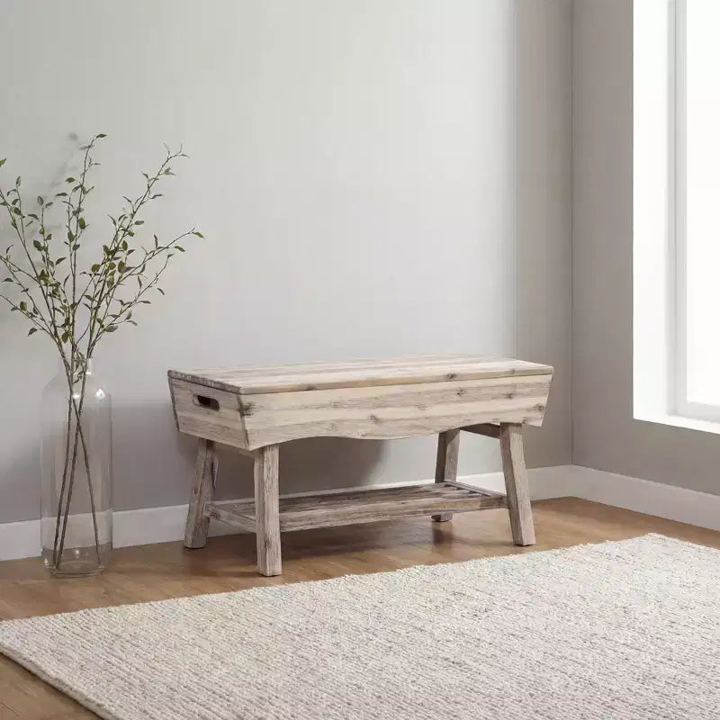 Solid Hardwood Bench with Storage Shelf and 4 Panels, 36x15.25x17.3 Inches, White Washed Finish