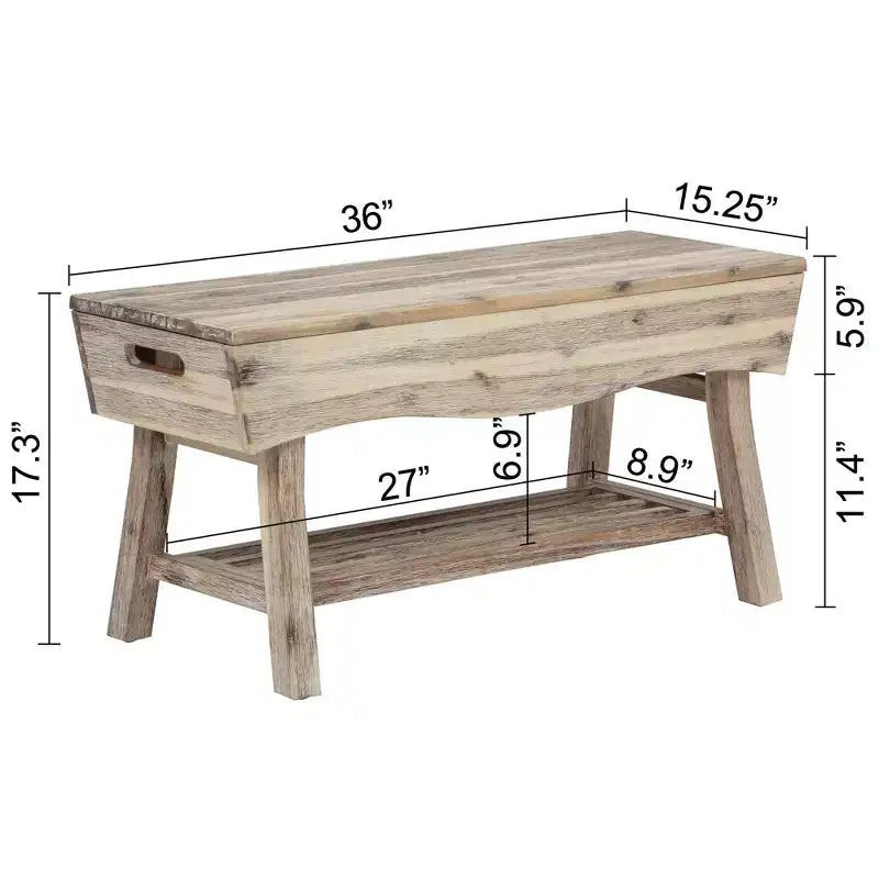 Solid Hardwood Bench with Storage Shelf and 4 Panels, 36x15.25x17.3 Inches, White Washed Finish