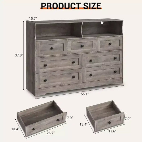 Commode en bois à 7 tiroirs - Commode moderne avec station de recharge USB et lumières LED, 2 casiers ouverts - Grande commode de chambre, Organisateur de rangement